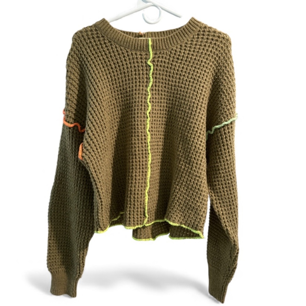 Olive Green Crewneck Sweater with Contrast Stitching